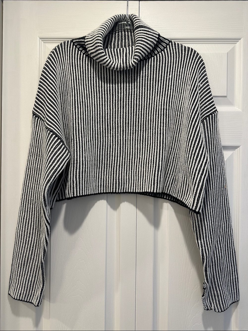 Cropped Striped Turtleneck Sweater in Black & White